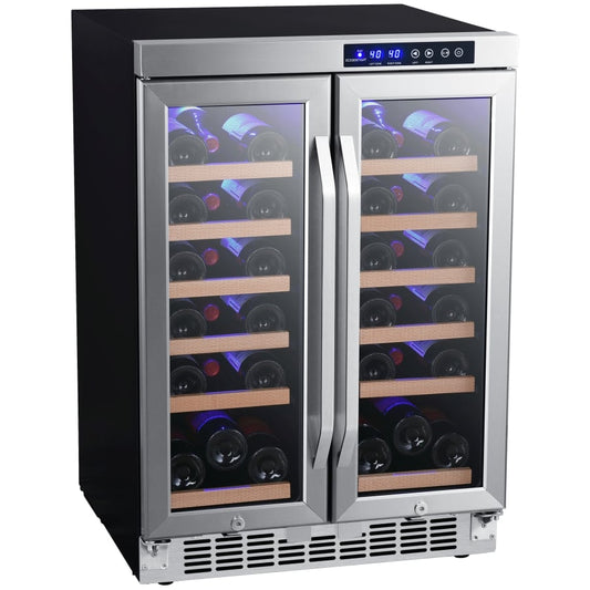 EdgeStar 24 Inch Wide 36 Bottle Built-In Wine Cooler with Dual Cooling Zones and French Doors